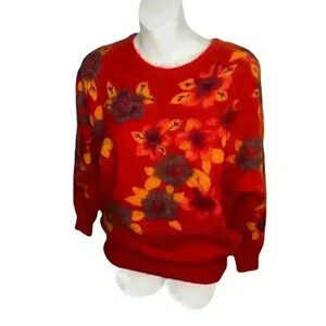 Women's vintage Marieakim Sweater, M, Red Angora beaded 90s flowers